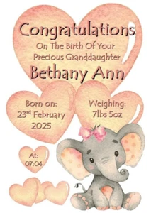 Personalisierte Neu Baby A5 Karte Baby Mädchen Geburt Enkelin Glückwunsch Liebe - Bild 1 von 3