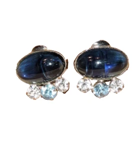 VTG Signed SCHREINER Silver Tone Blue Jelly Cabochon Rhinestone Clip On Earrings - Imagen 1 de 13