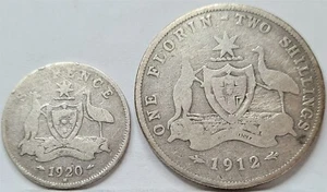 AUSTRALIA lot Florin 2 Shillings 1912 & Sixpence 1920 M George V. Silver #A42 - Picture 1 of 2