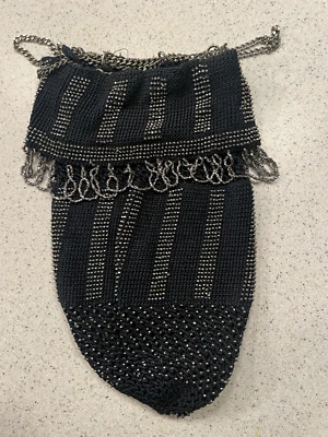 Vintage 1920's Chain Draw String Black Knit with Silver Beads Purse with Tassel - Image 1 of 4