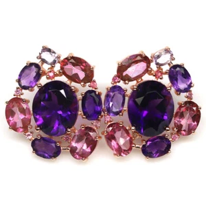Gemstone 9 x 11 mm. Purple Amethyst & Pink Mystic Topaz Earrings 925 Silver - Picture 1 of 4
