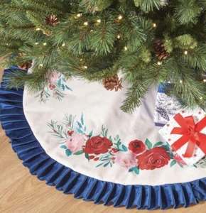 Pioneer Woman Christmas Blue Ruffle & Red Roses Tree Skirt - Picture 1 of 4