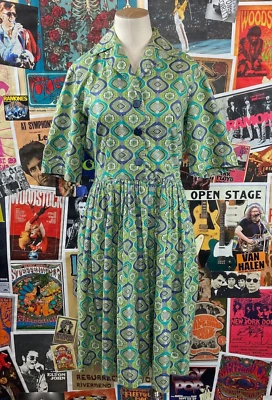 Vestido camisero estampado medallón cachemir mod verde azul vintage años 50-60 cintura para mujer M Foto 1 de 4