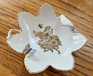 5.5" Vintage Porcelain Leaf Trinket Dish With Gold Applied Butterfly & Ladybug - Picture 1 of 4