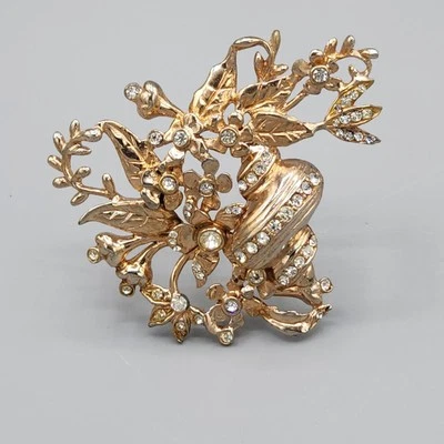 Broche en aerosol canasta de flores con acento de cristal tono oro rosa vintage sin firmar Foto 1 de 4