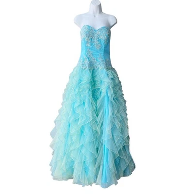 ALYCE DESIGNS Ruffle Sheer Gown Womens 8 Aqua Strapless Embellished Cocktail - Image 1 of 4