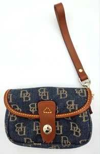Vtg Y2K Dooney & Bourke DB Denim Wristlet Leather Wallet Clutch Clean Made USA - Picture 1 of 8
