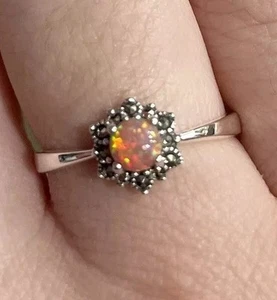Pink Fire Opal Marcasite Gemstone Ring 925 Sterling Silver Flower Size M - Picture 1 of 7