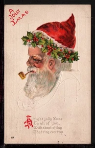 SANTA CLAUS SMOKING GOLD PIPE c1914 EMBOSSED VINTAGE CHRISTMAS POSTCARD - Picture 1 of 2