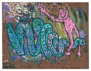 Original JUSTIN AERNI Painting circa 2018 dark surreal art : "INTESTINAL RIDE" - Picture 1 of 1