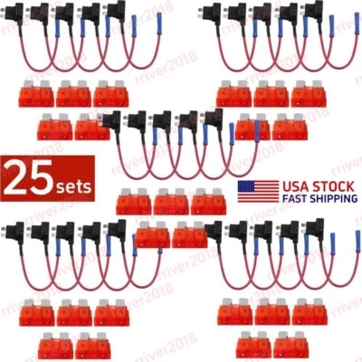 25 Set Car Add-a-circuit Fuse Holder TAP Adapter 10A Standard ATO ATC Blade Fuse - Image 1 of 4