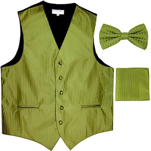 New Men's Formal Vest Tuxedo Waistcoat_bowtie & hankie set stripes spinach green - Picture 1 of 4