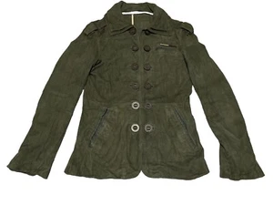 SUPERDRY Suede Green Leather Jacket Women Size Small Coat Military 12 Button - Picture 1 of 13