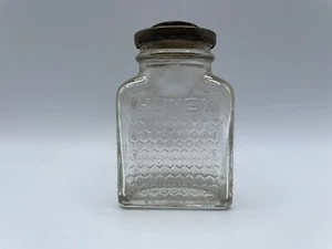 Antique Glass Honey Jar Lake Shore Honeycomb Embossed Clear Metal Slide Cap - Picture 1 of 8
