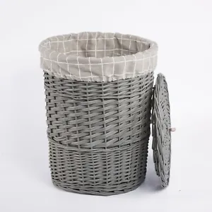 Grey Paint Round Laundry Wicker Basket Cotton Lining With Lid Bathroom Storage - Picture 1 of 4