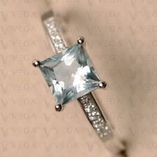 2.65ct Princess Natural Aquamarine Gemstones Diamond Ring Real 14K White Gold
