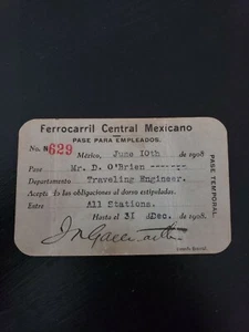 Vintage Rare 1908 Ferrocarril Central Mexicano Railroad Railway Pass Mexico - Picture 1 of 2