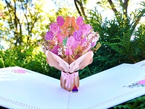 3D Pop Up Greeting Card Flower Rose Floral Birthday Mother Mom Valentine's Day - Picture 1 of 9