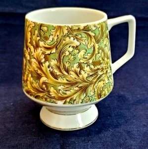 Pedestal Mug Green Brown Acanthus Leaves Japan 12 oz Gold Trim VTG Pedestal - Picture 1 of 11