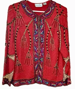 Vintage Laurence Kazar Heavy BEADED SILK Jacket Size L Red FORMAL Tassel Blazer - Picture 1 of 17