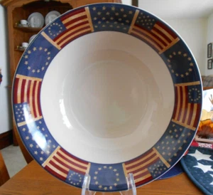 Liberty Pasta Salad Vegetable Bowl 10 1/2" Coventry Stoneware White Navy Red ! - Picture 1 of 16