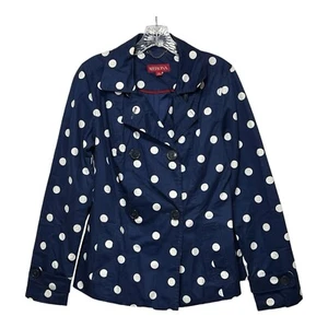 Merona Womens Size S Blue White Polka Dot Trench Pea Coat Double Breasted Jacket - Picture 1 of 8