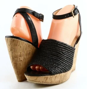 $120 ENZO ANGIOLINI CANTONE Black Woven Designer Shoe Open Toe Cork Wedges 8.5 - Picture 1 of 4
