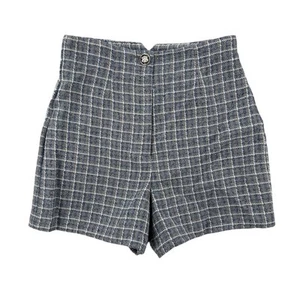Zara Shorts Womens Small Blue White Plaid High Waist Tweed Button Front New - Picture 1 of 7