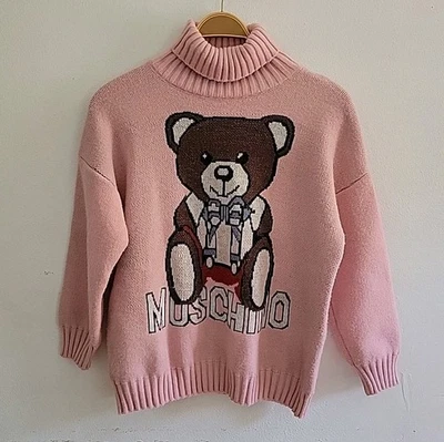 Moschino Iconic Teddy Bear Motif Turtleneck Sweater Pink Drop Shoulder Cozy Logo - Image 1 of 4
