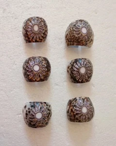 Set of 6 Carved Cowrie Shell Napkin Rings Nautical Beach Home Flower Design - Picture 1 of 6
