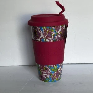 Lilly Pulitzer Keramik Becher mit Silikondeckel und Hülle leuchtende Farben Rosa - Bild 1 von 4