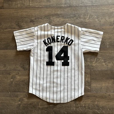 Camiseta listrada vintage Majestic MLB Chicago White Sox Paul Konerko # 14 - Imagem 1 de 4