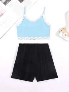 Shein girls 11-12yrs (150) blue lace trim cami crop top and black shorts set nip - Picture 1 of 2