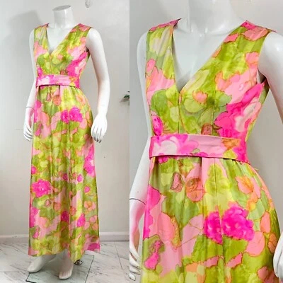 Vintage 1970s Floral Hippie Hostess Maxi Dress Women’s Small Gathered Front Boho - Image 1 of 4