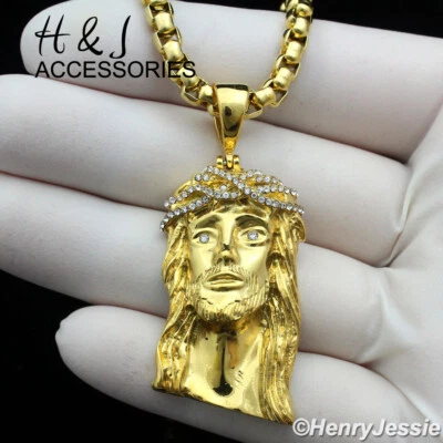 Colgante con cabeza de Jesús de cadena de eslabones de caja chapado en oro de 4 mm de acero inoxidable de 18-36"*AG133 Foto 1 de 4
