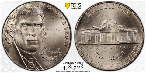 2007 P Jefferson Nickel 5c Satin Finish PCGS SP67FS Gold Shield + TrueView Cover