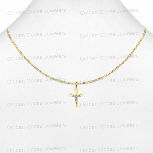 Ciondolo croce crocifisso unisex vero oro bianco o giallo 14 carati catena Valentino