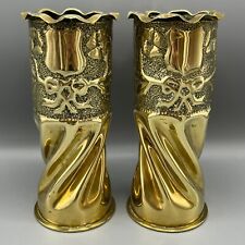 Antique Trench Art Brass Vases Pair Shell Case Ribbon Bow Cartouche Matching