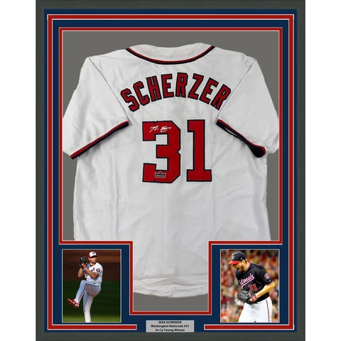 Framed Facsimile Autographed Max Scherzer 33x42 White Reprint Laser Auto Jersey Cover
