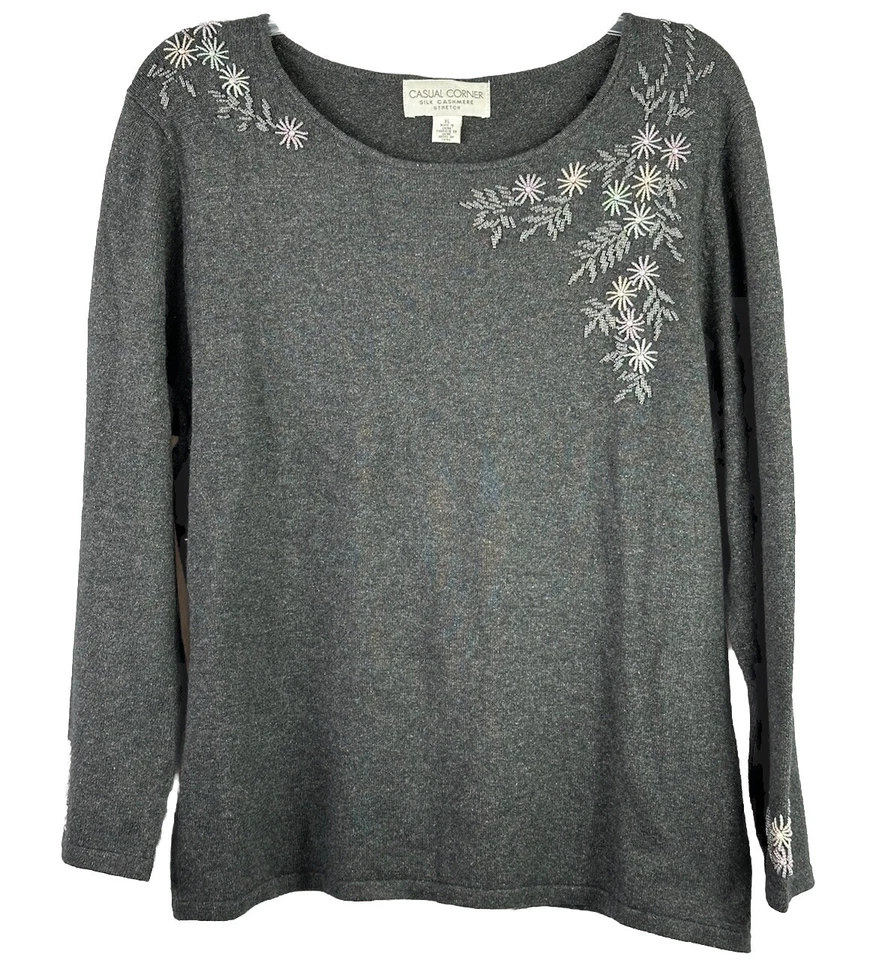 Suéter informal de cachemir de seda con cuentas de esquina pastel y perlas elegante carbón XL Foto 1 de 4