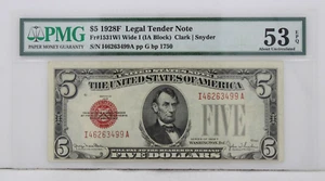 $5 1928F Legal Tender Note FR#1531Wi Wide I IA Block PMG 53 EBQ About Uncirc. - Picture 1 of 2