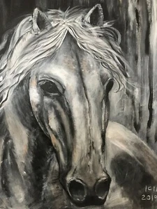 Original acrylic painting- horse black white canvas 16x20x0.5 in, wall decor, - Picture 1 of 4