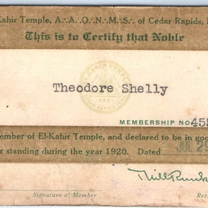 1920 Cedar Rapids IA Shriners Templo El-Kahir Tarjeta de Membresía Masónica AAONMS C46 - Imagen 1 de 3