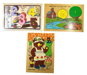 FISHER PRICE Wooden Puzzles Lot Of 3, Bear And Cubs, Numbers 1-5 & School House - Picture 1 of 9