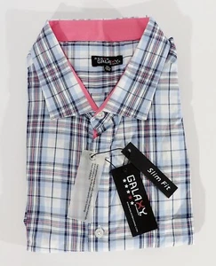 Galaxy by Harvic Men's Long-Sleeve Slim Fit Button Down Shirt Blue Plaid XL - Picture 1 of 3