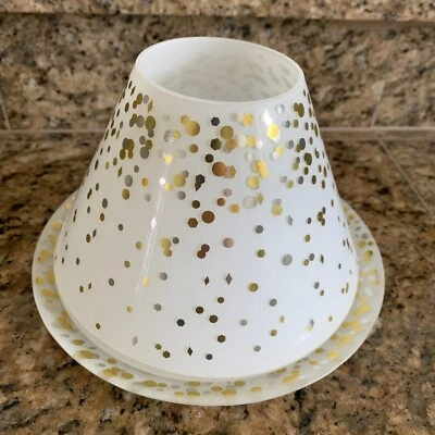 Yankee Candle Confetti Cheers Gold White Shade Cover Top & Under Plate Celebrate - Image 1 of 4