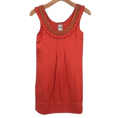 Yoana Baraschi Shift Dress Womens XS Orange Silk Gold Chain Pleated Cleopatra - Image 1 of 4