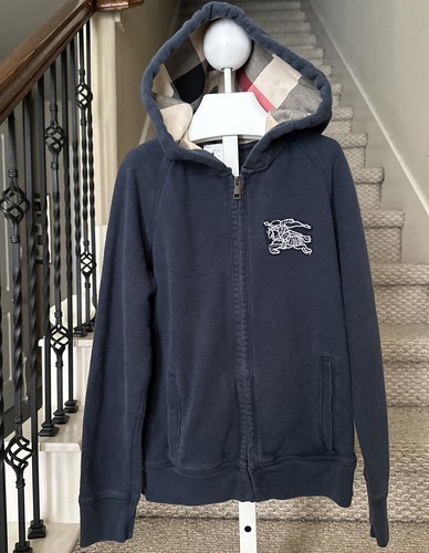 Autentico maglione Burberry ragazzo taglia 10Y blu con cappuccio e zip intera cotone