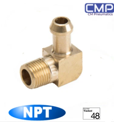 90 Degree 1/8" NPT 6mm  Brass pneumatic fitting, Air, Turbo, Garrett T Barb, oil - Image 1 of 4