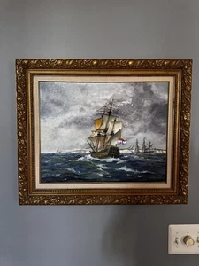 E3 Vintage Öl auf Leinwand Gemälde gerahmt Schiff auf See - Bild 1 von 7